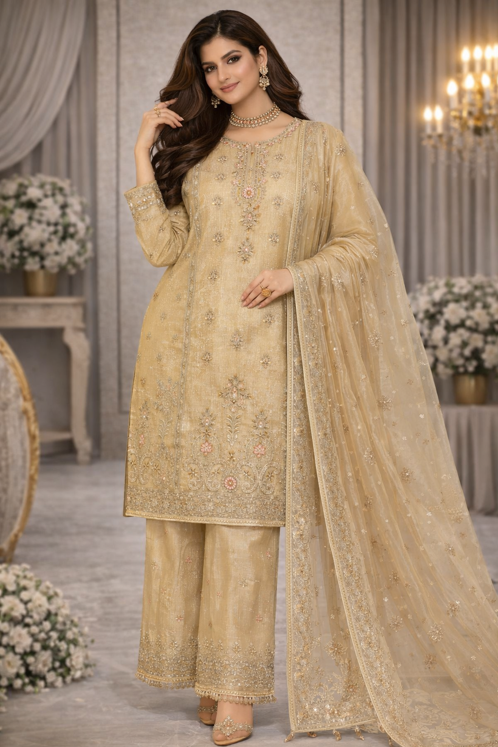 Golden Beige Embroidered Suit with Sequin Net Dupatta.........ASB-GLD-EMB-003