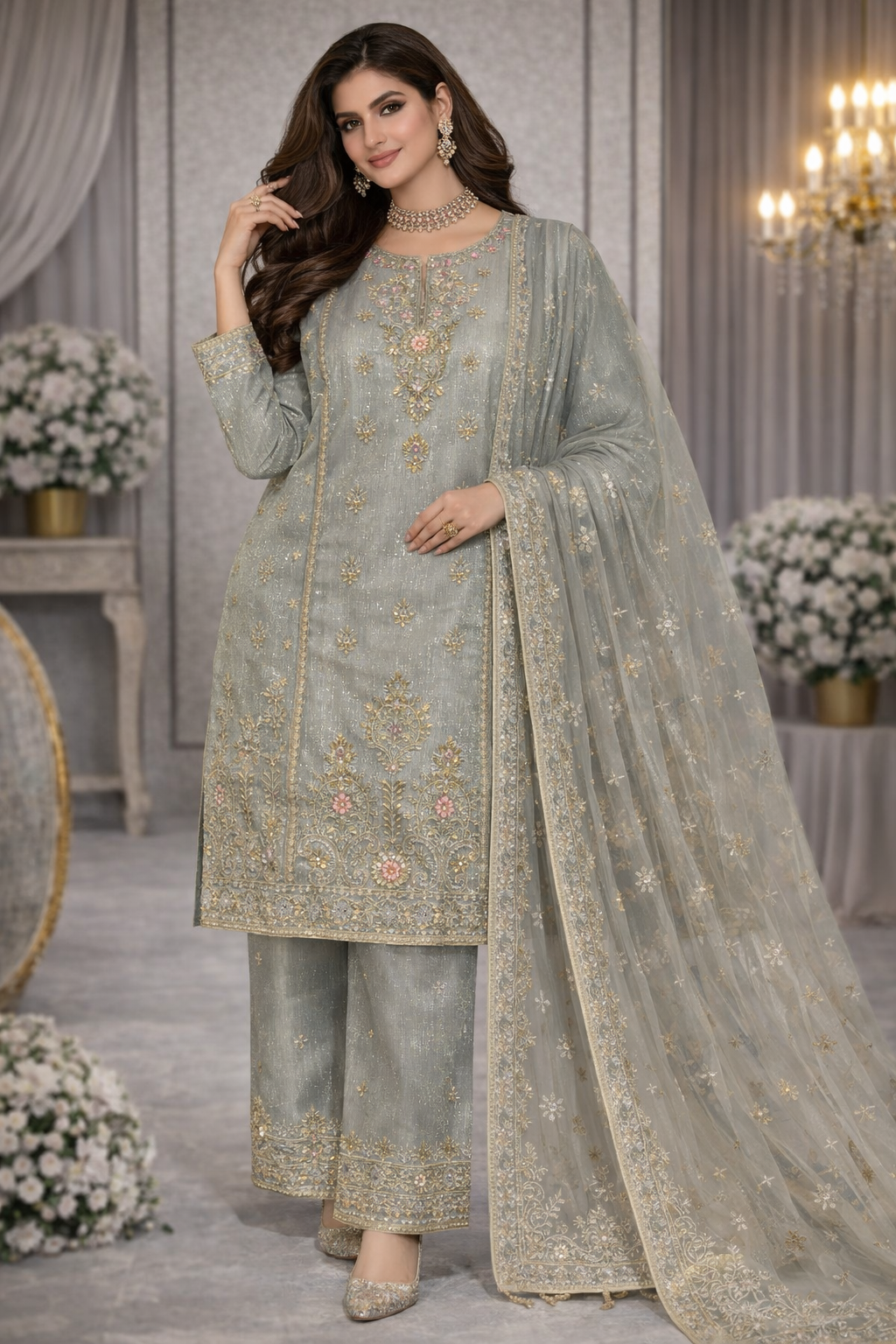 Sage Grey Embroidered Suit with Sequin Work & Net Dupatta................ASB-GRY-EMB-002