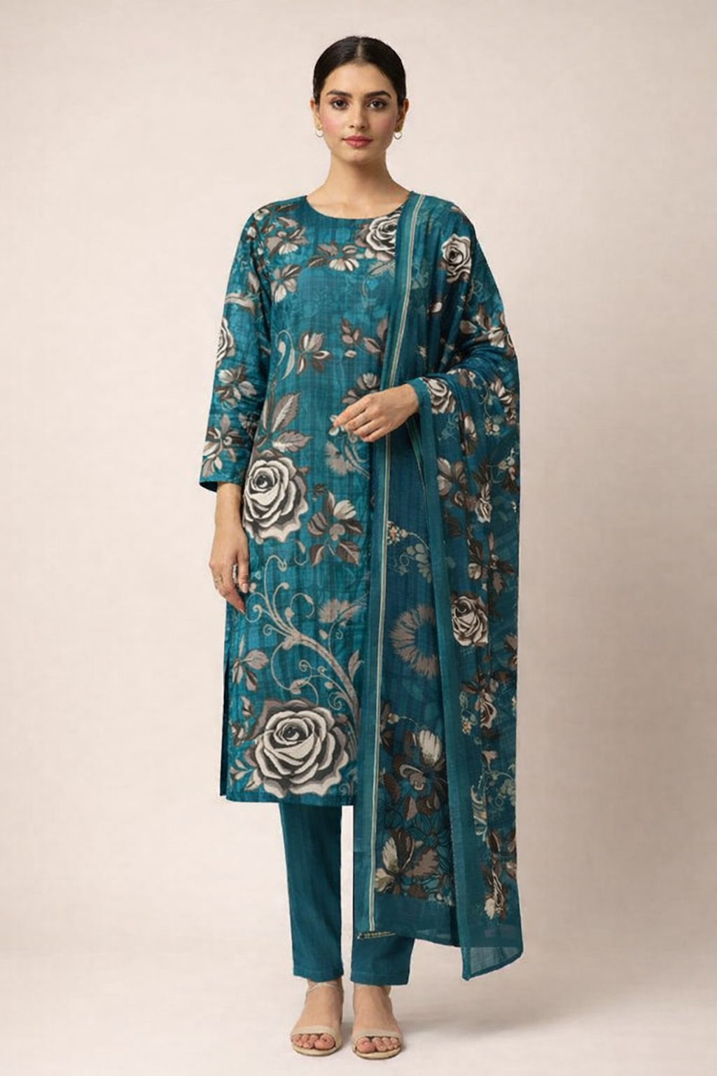 Teal Blue Rose Printed Unstitched Lawn 3-Piece Suit............ASB-TEL-LWN-008