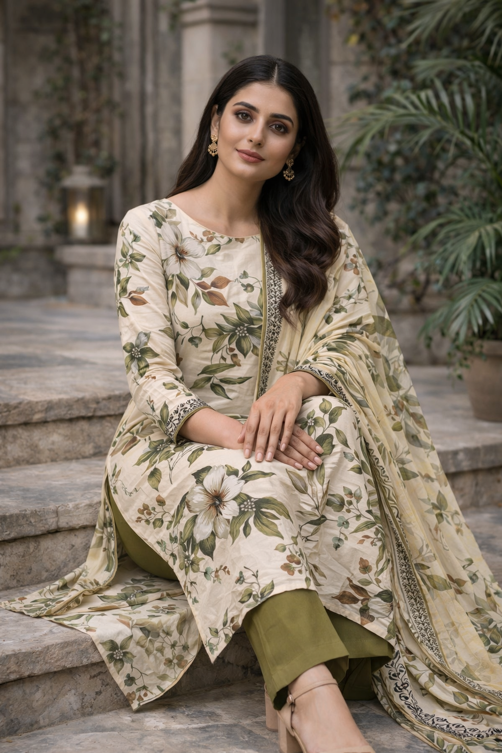Cream Floral Printed Unstitched Lawn 3-Piece Suit..........ASB-CRM-LWN-007