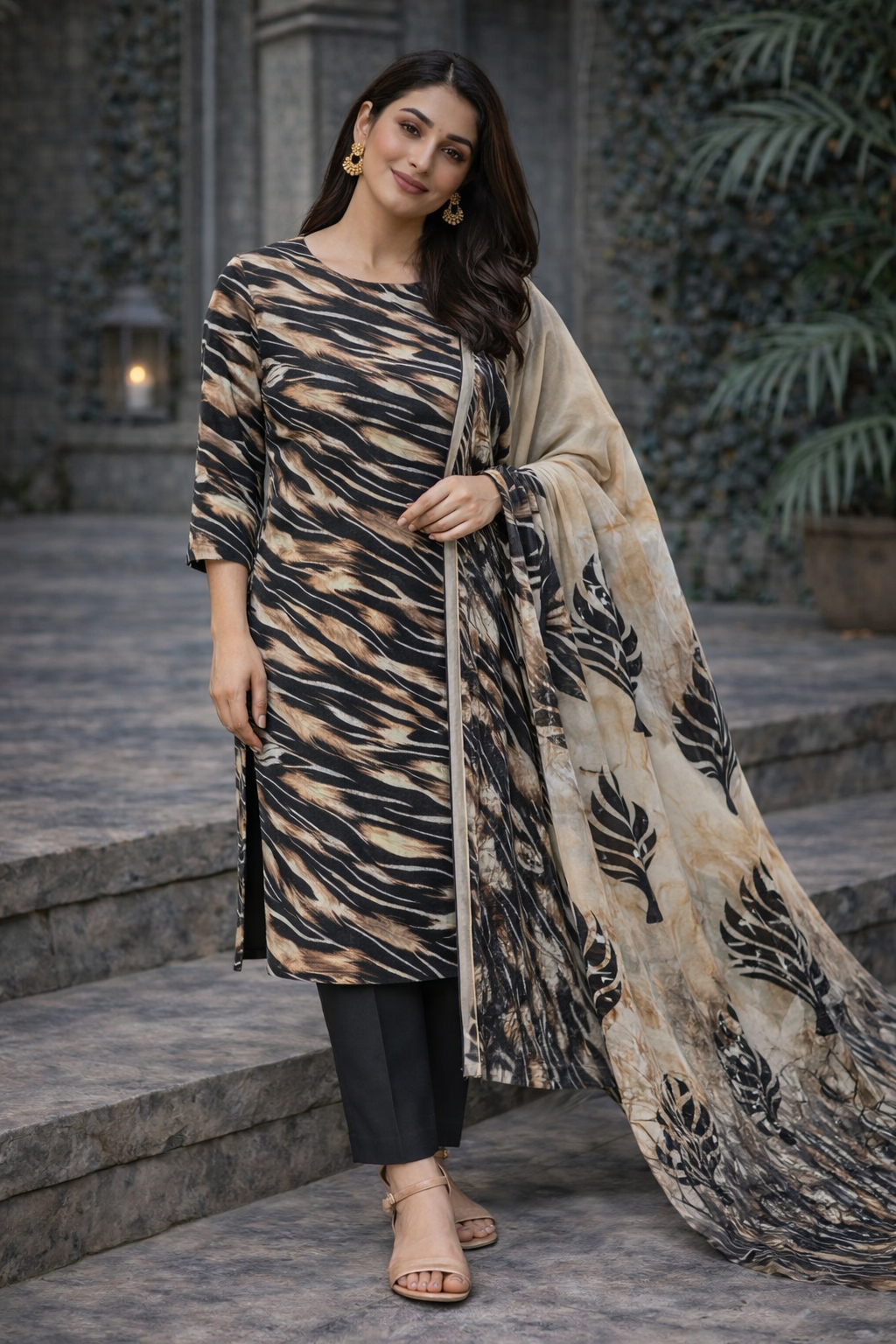 Black & Beige Tiger Print Unstitched Lawn 3-Piece Suit.......ASB-BLK-LWN-009