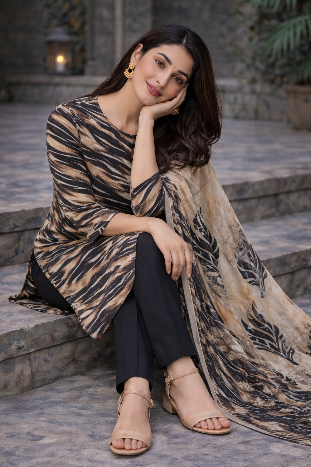 Black & Beige Tiger Print Unstitched Lawn 3-Piece Suit.......ASB-BLK-LWN-009