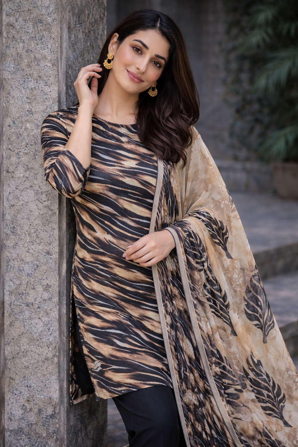 Black & Beige Tiger Print Unstitched Lawn 3-Piece Suit.......ASB-BLK-LWN-009