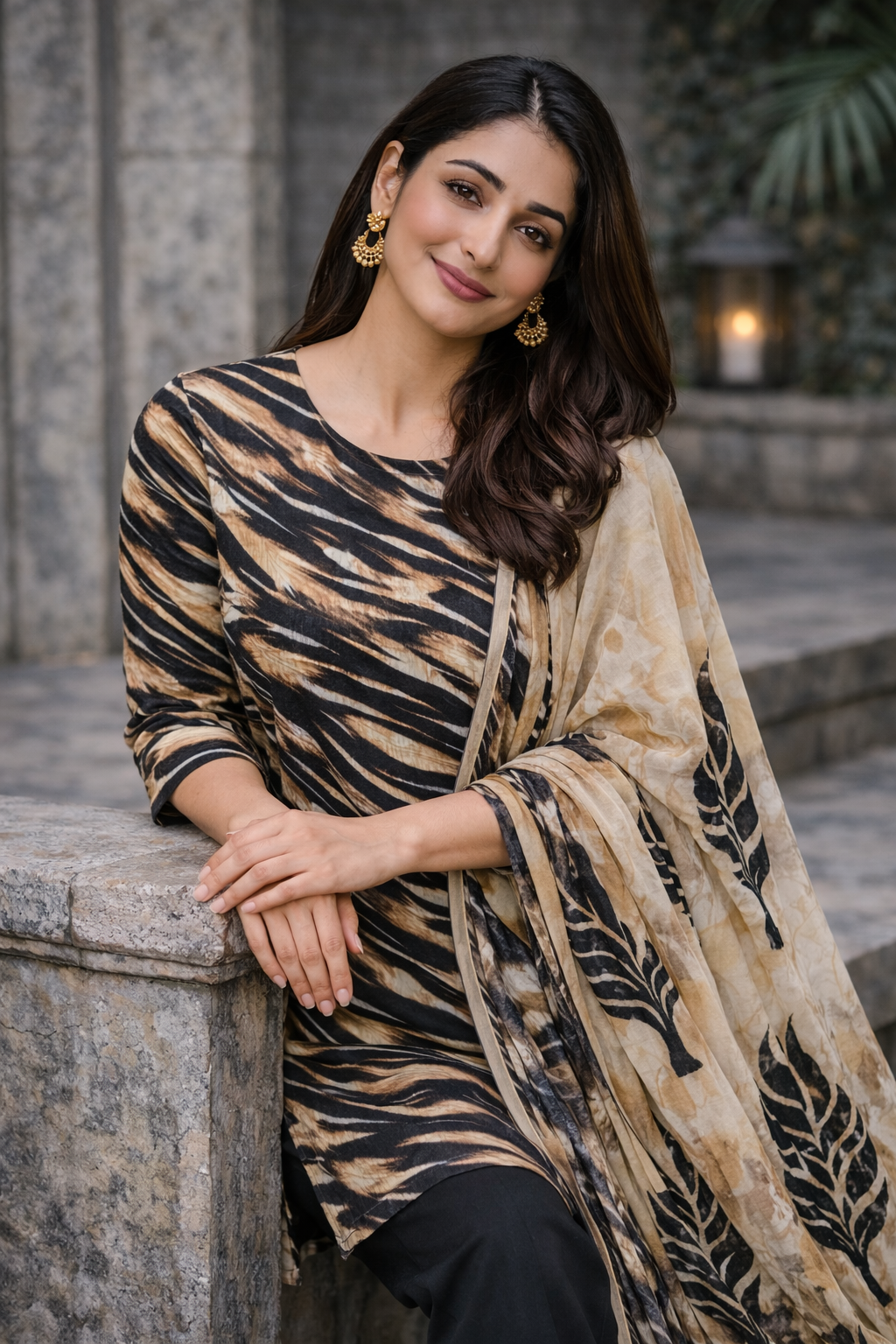 Black & Beige Tiger Print Unstitched Lawn 3-Piece Suit.......ASB-BLK-LWN-009