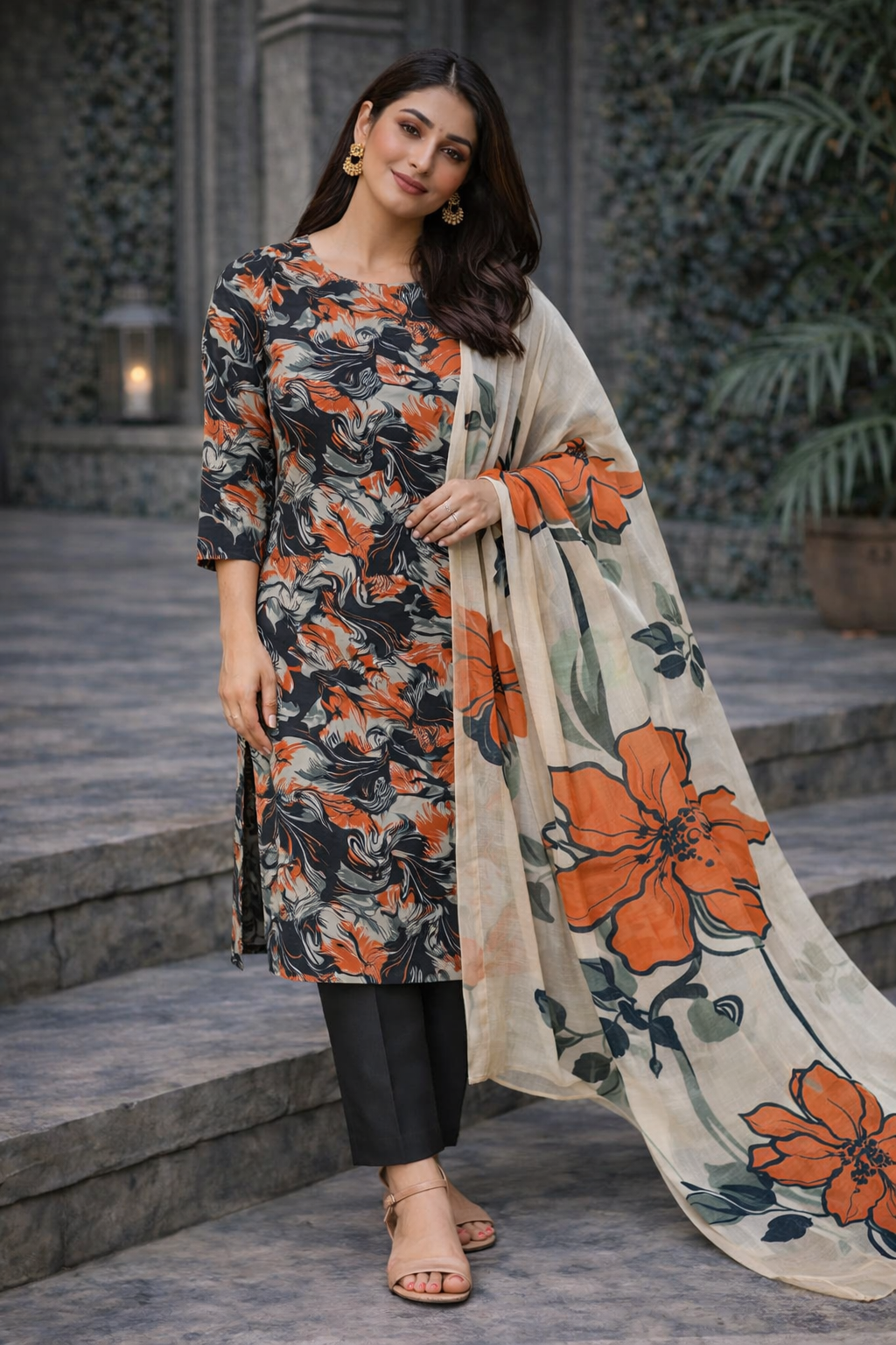 Black & Orange Abstract Floral Printed Unstitched Lawn 3-Piece Suit...........ASB-BLO-LWN-010
