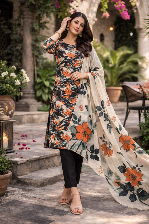 Black & Orange Abstract Floral Printed Unstitched Lawn 3-Piece Suit...........ASB-BLO-LWN-010