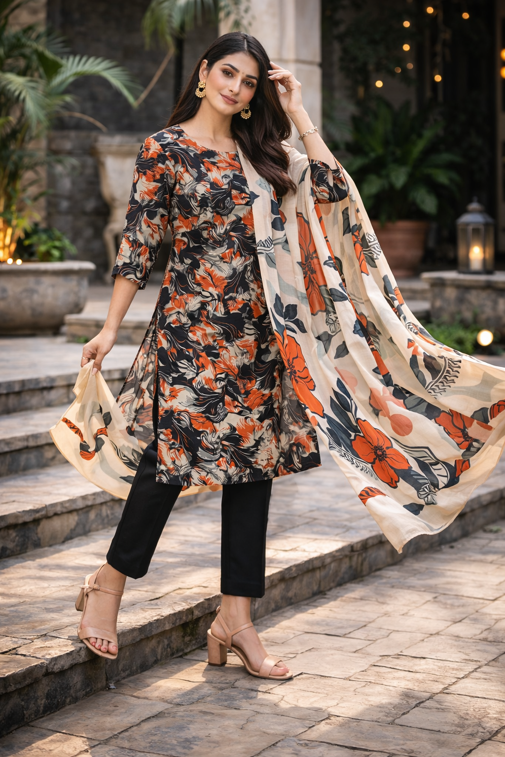 Black & Orange Abstract Floral Printed Unstitched Lawn 3-Piece Suit...........ASB-BLO-LWN-010