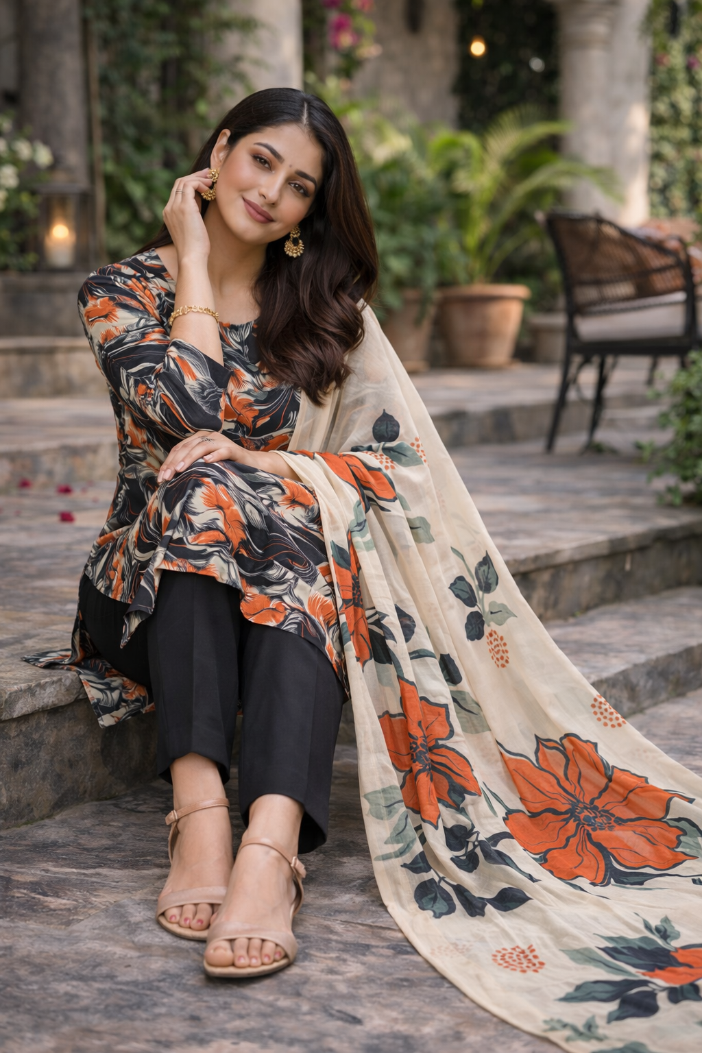 Black & Orange Abstract Floral Printed Unstitched Lawn 3-Piece Suit...........ASB-BLO-LWN-010