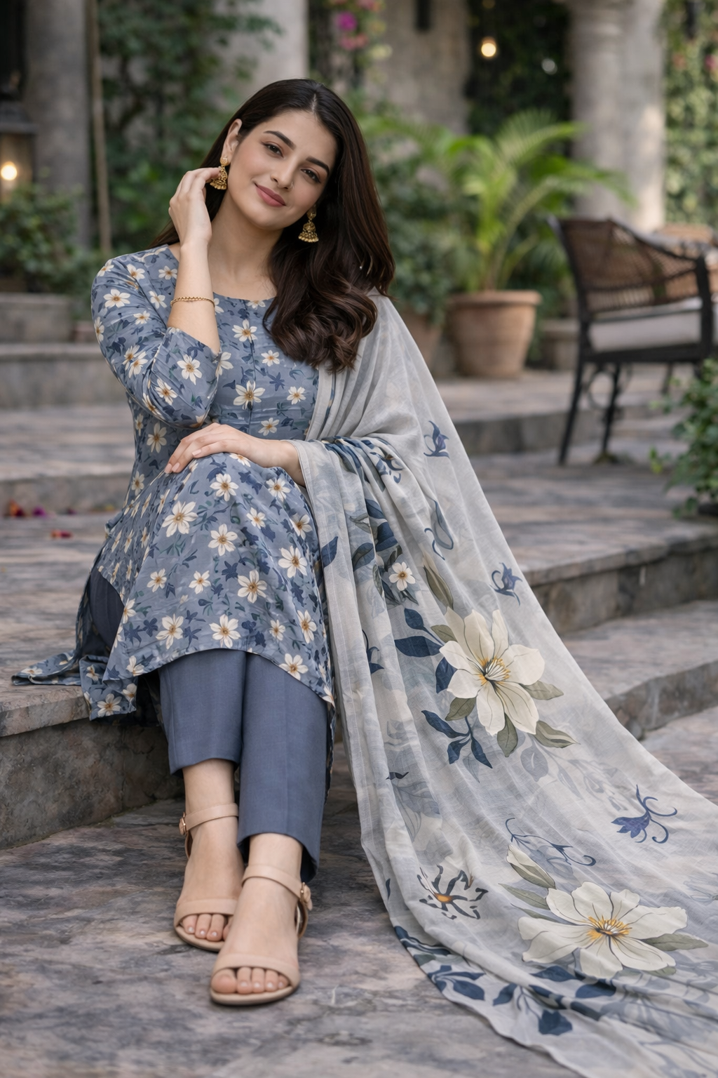 Dusty Blue Floral Printed Unstitched Lawn 3-Piece Suit.......ASB-DBL-LWN-011