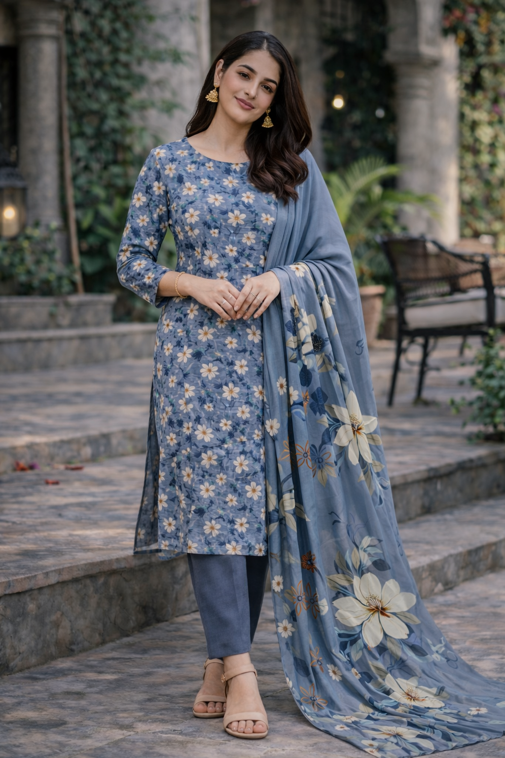 Dusty Blue Floral Printed Unstitched Lawn 3-Piece Suit.......ASB-DBL-LWN-011