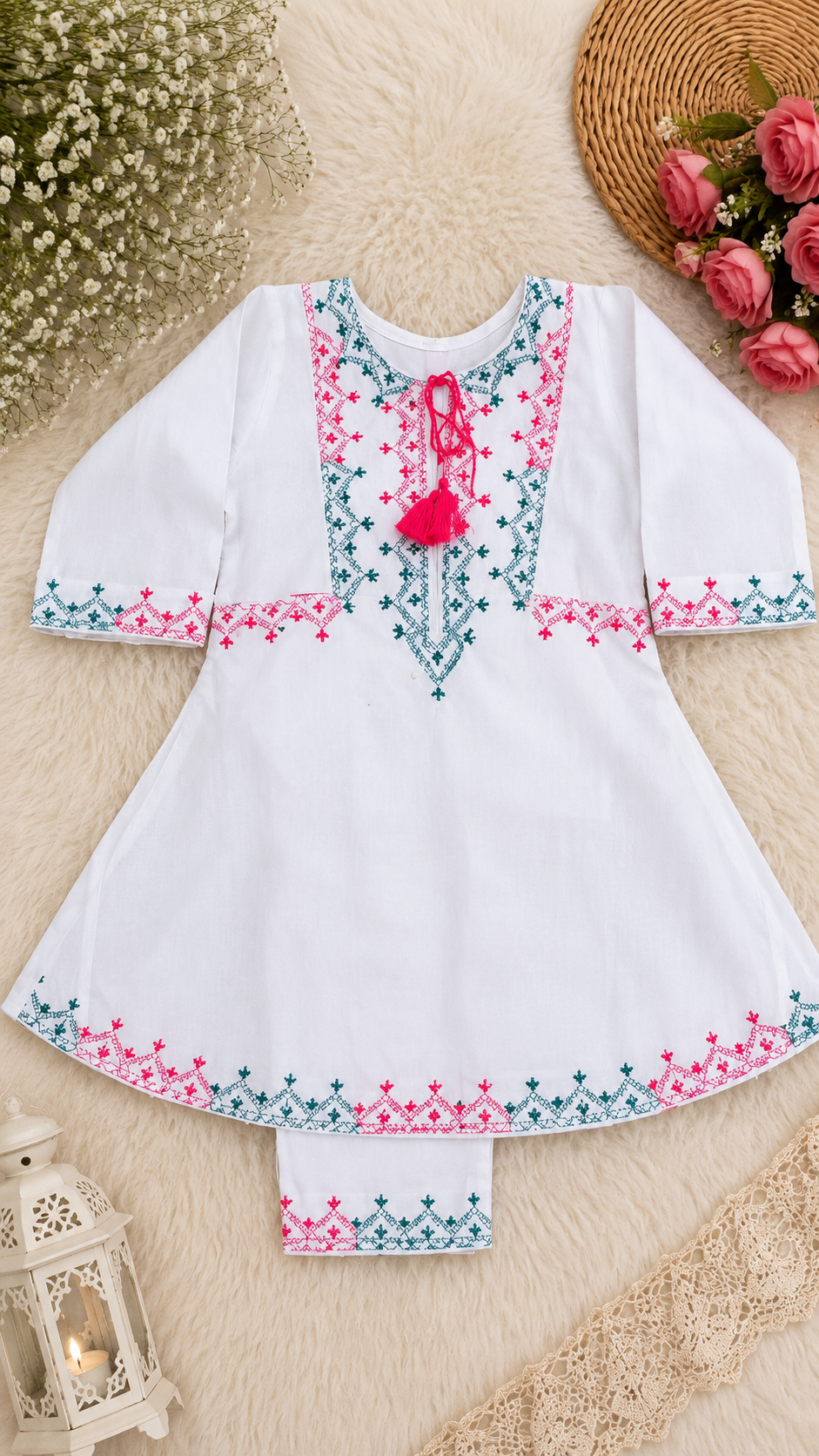 White Embroidered Kids 2-Piece Kurta Shalwar Suit..........ASB-KID-WHT-003