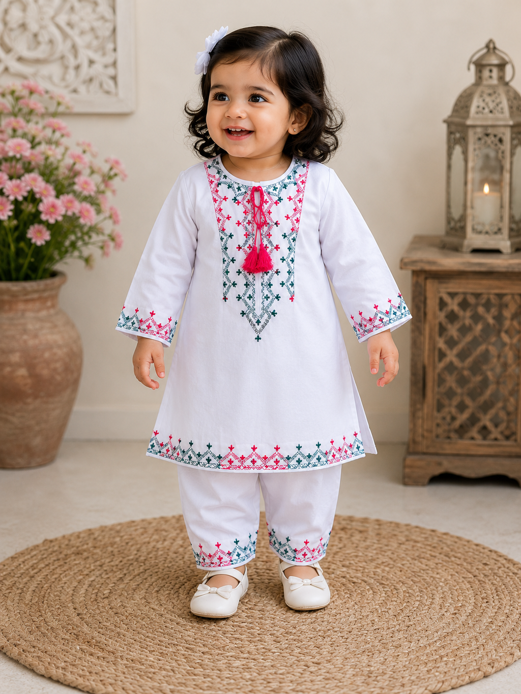 White Embroidered Kids 2-Piece Kurta Shalwar Suit..........ASB-KID-WHT-003