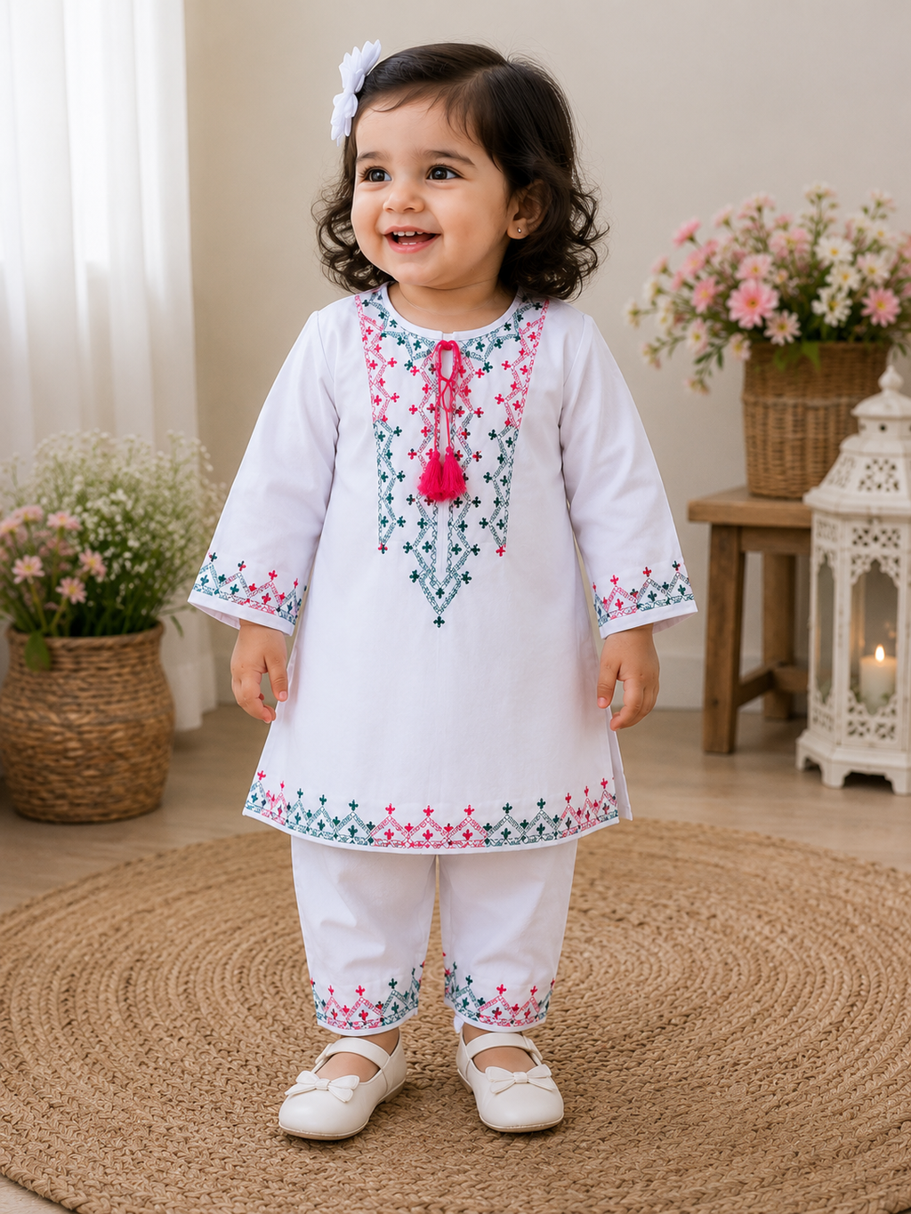 White Embroidered Kids 2-Piece Kurta Shalwar Suit..........ASB-KID-WHT-003