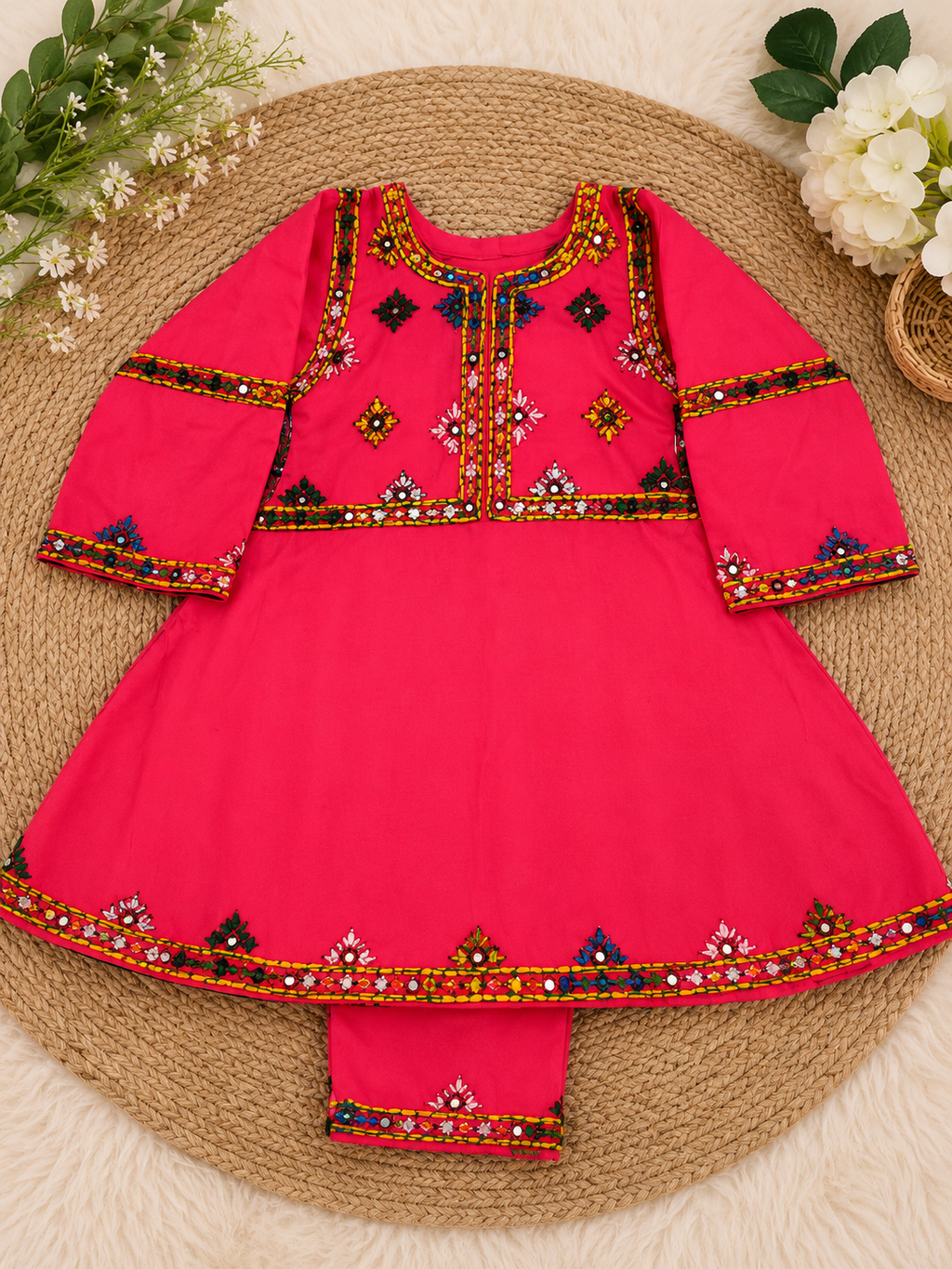 Hot Pink Sindhi Mirror Work Kids 2-Piece Suit...........ASB-KID-PNK-004