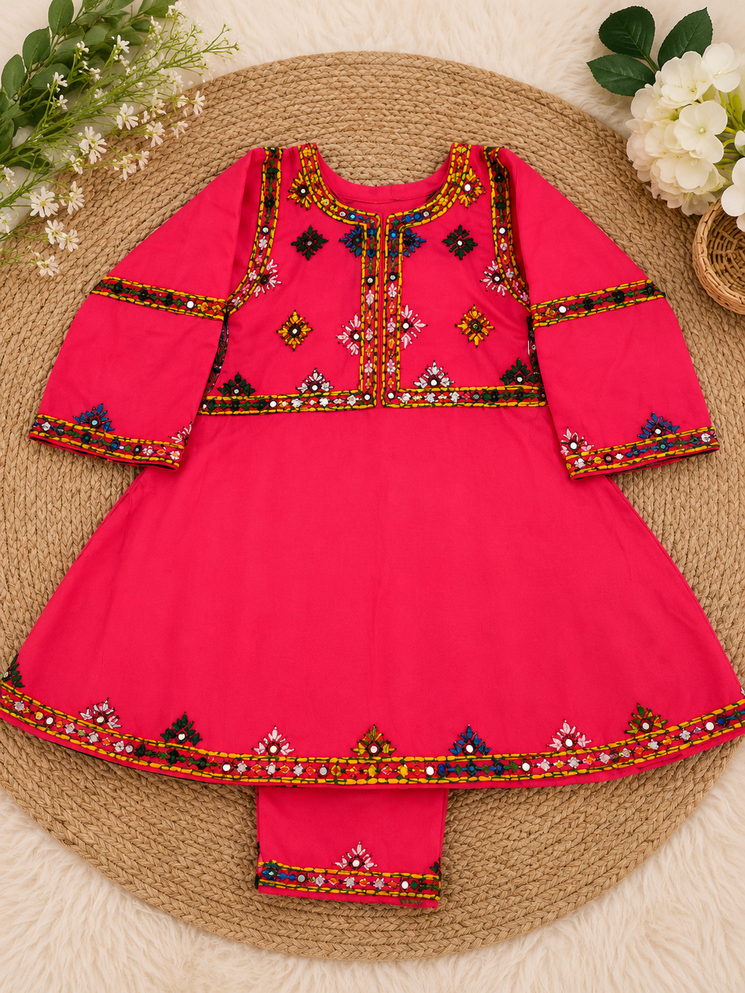 Hot Pink Sindhi Mirror Work Kids 2-Piece Suit...........ASB-KID-PNK-004