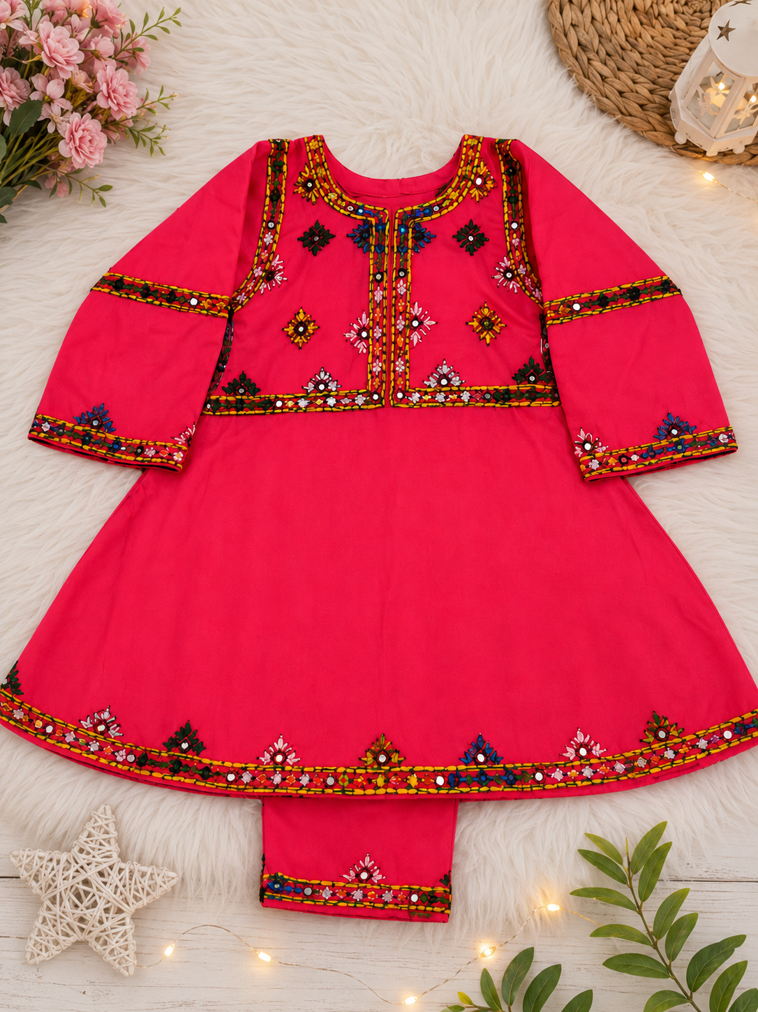Hot Pink Sindhi Mirror Work Kids 2-Piece Suit...........ASB-KID-PNK-004