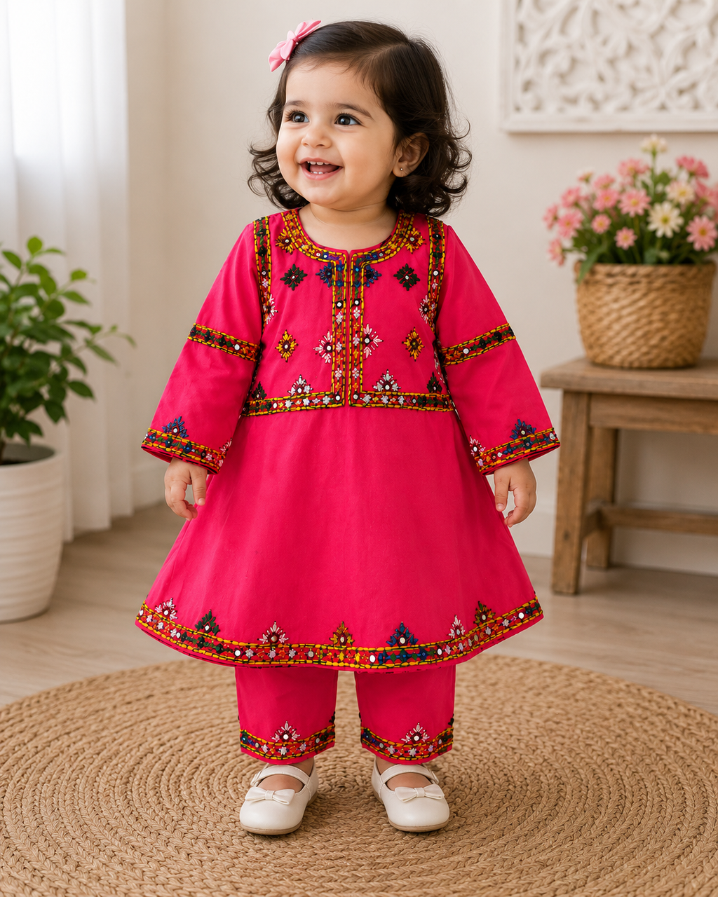 Hot Pink Sindhi Mirror Work Kids 2-Piece Suit...........ASB-KID-PNK-004