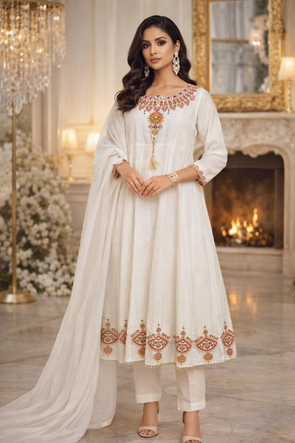 White Embroidered Maxi Style Stitched Cotton Suit.......ASB-WHT-MXI-005