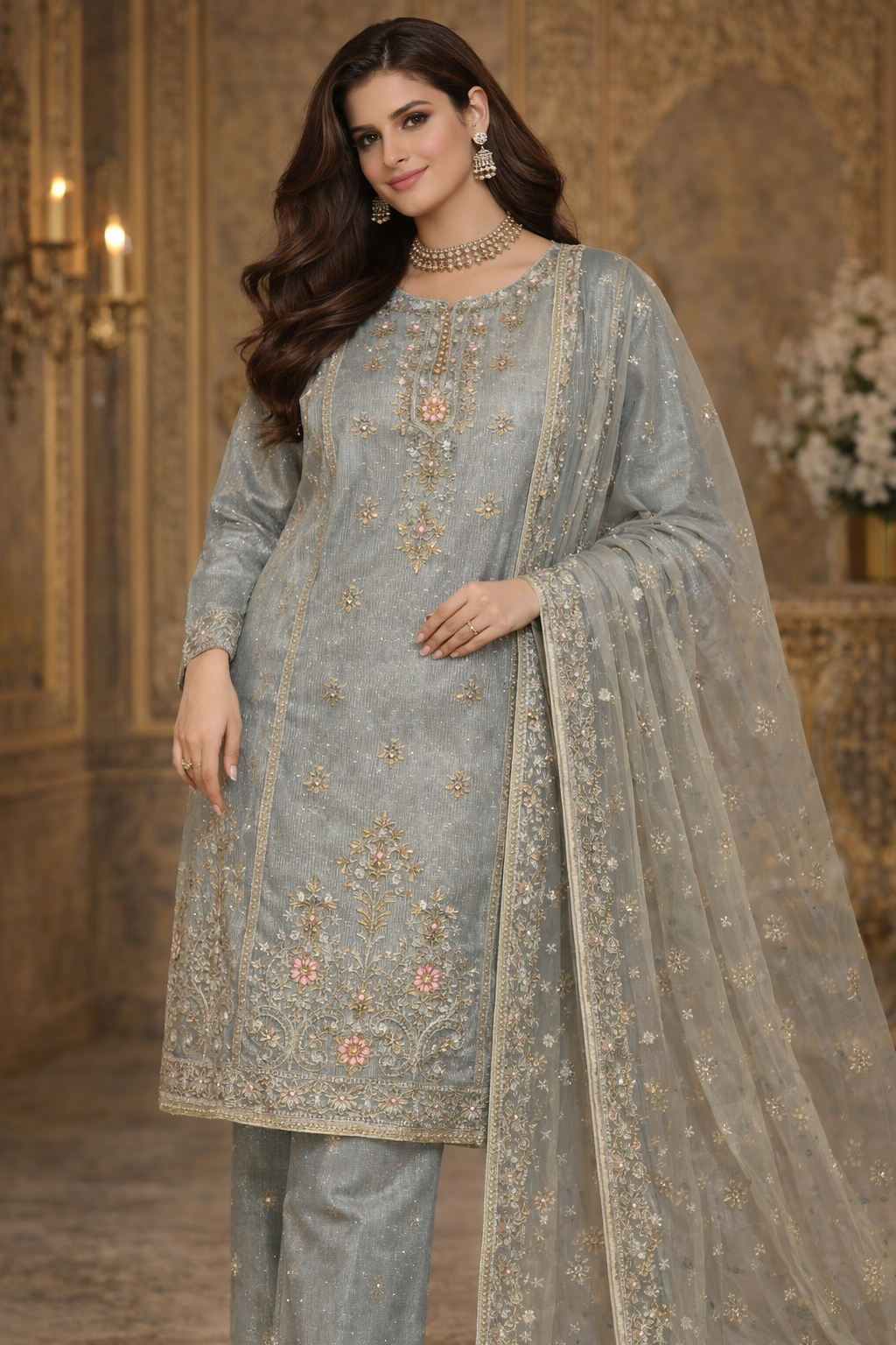 Sage Grey Embroidered Suit with Sequin Work & Net Dupatta................ASB-GRY-EMB-002