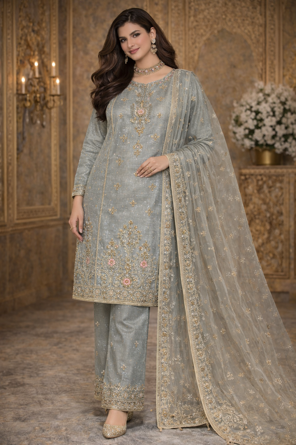 Sage Grey Embroidered Suit with Sequin Work & Net Dupatta................ASB-GRY-EMB-002