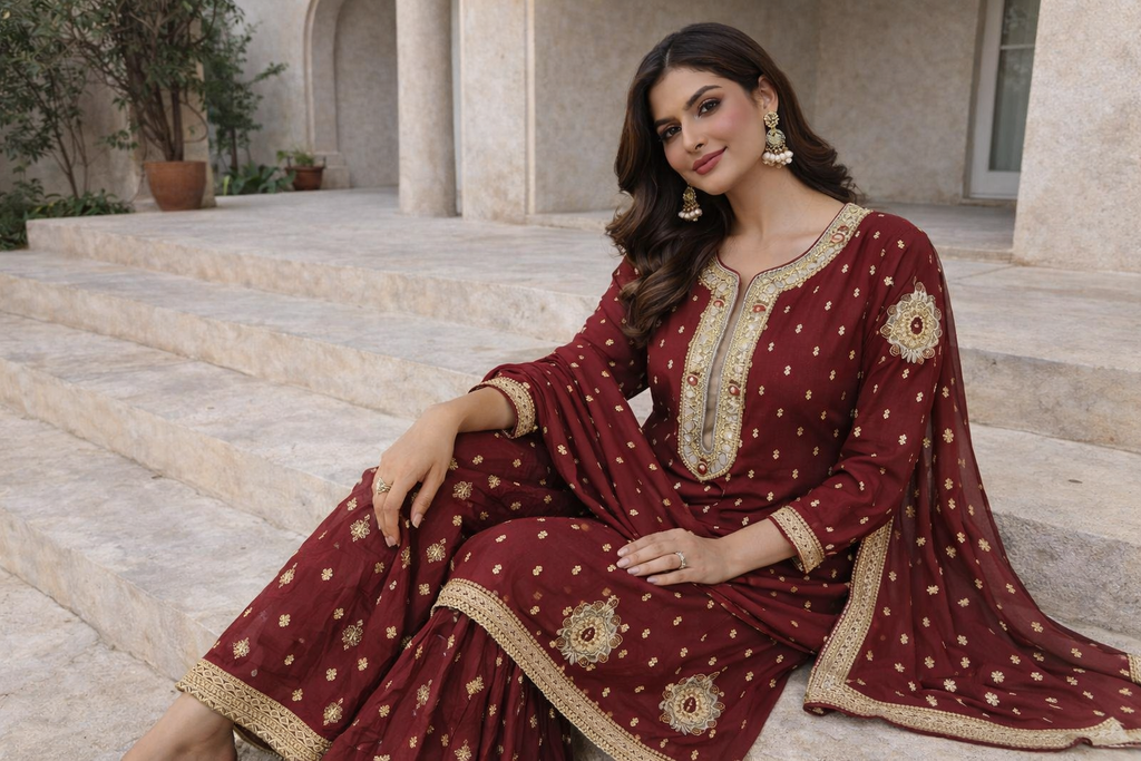 Maroon Embroidered Stitched Sharara Suit – AS Boutiques Signature.........ASB-MRN-SHR-012