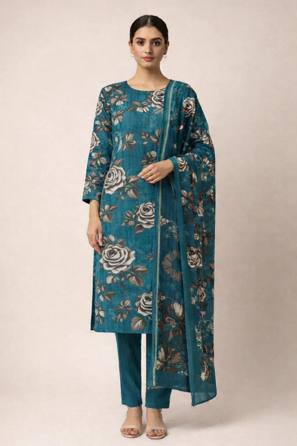 Teal Blue Rose Printed Unstitched Lawn 3-Piece Suit............ASB-TEL-LWN-008