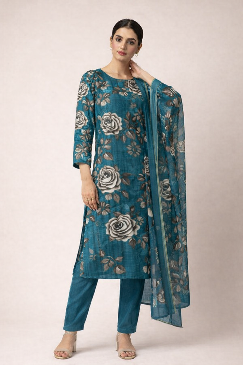 Teal Blue Rose Printed Unstitched Lawn 3-Piece Suit............ASB-TEL-LWN-008