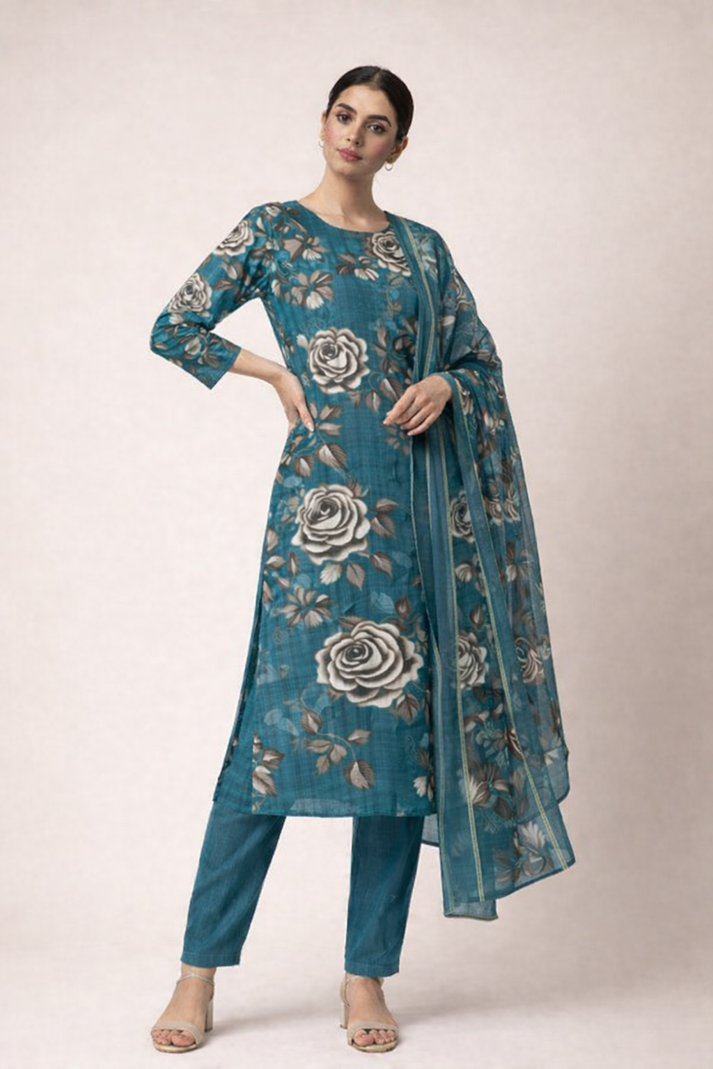 Teal Blue Rose Printed Unstitched Lawn 3-Piece Suit............ASB-TEL-LWN-008
