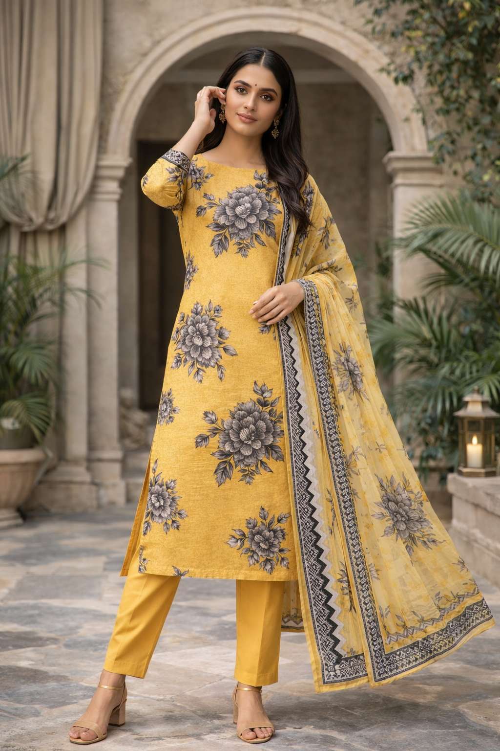 Unstich Mustard Yellow Floral Printed Lawn 3-Piece Suit..............ASB-YLW-LWN-006