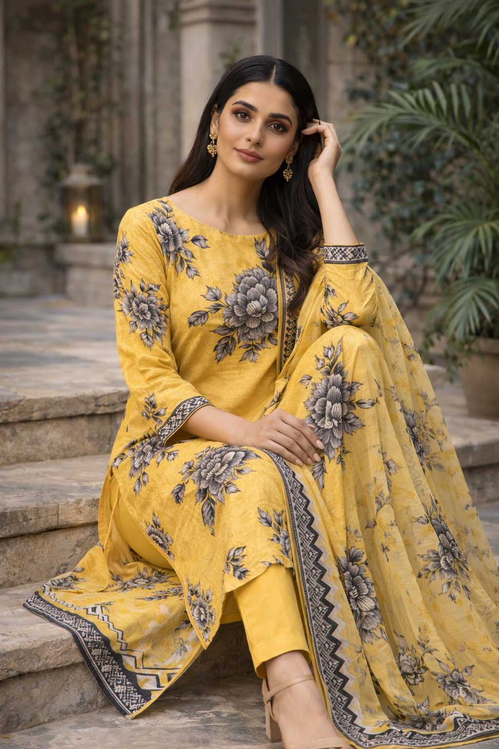 Unstich Mustard Yellow Floral Printed Lawn 3-Piece Suit..............ASB-YLW-LWN-006
