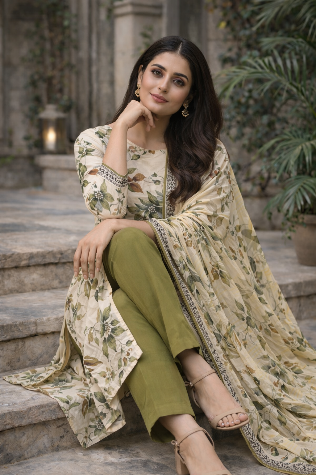 Cream Floral Printed Unstitched Lawn 3-Piece Suit..........ASB-CRM-LWN-007