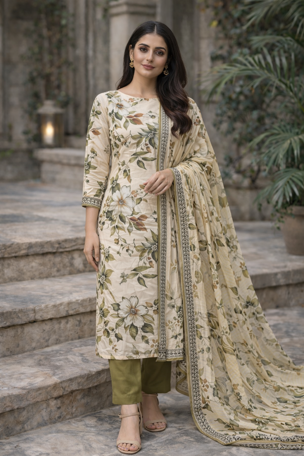 Cream Floral Printed Unstitched Lawn 3-Piece Suit..........ASB-CRM-LWN-007