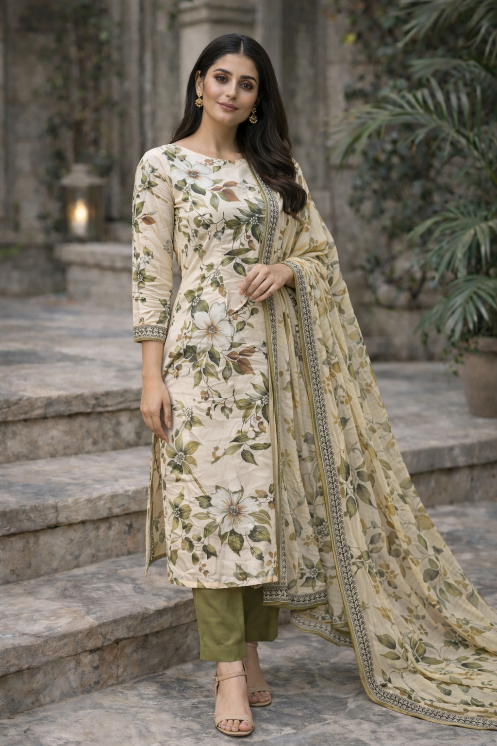 Cream Floral Printed Unstitched Lawn 3-Piece Suit..........ASB-CRM-LWN-007