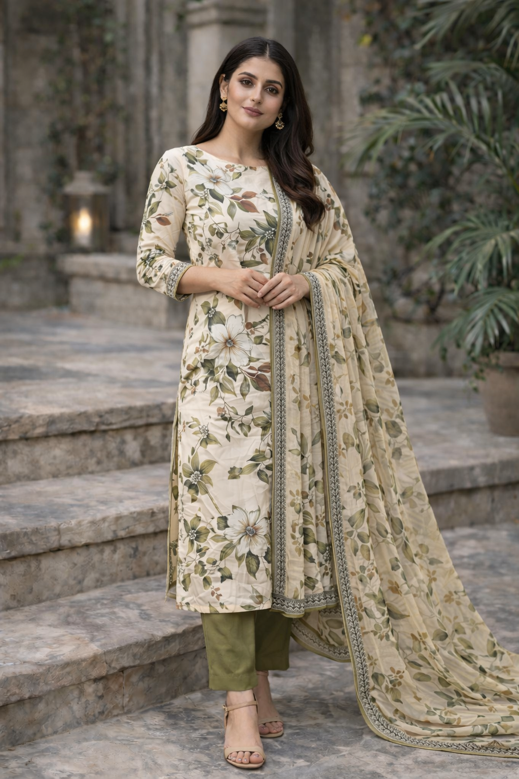 Cream Floral Printed Unstitched Lawn 3-Piece Suit..........ASB-CRM-LWN-007