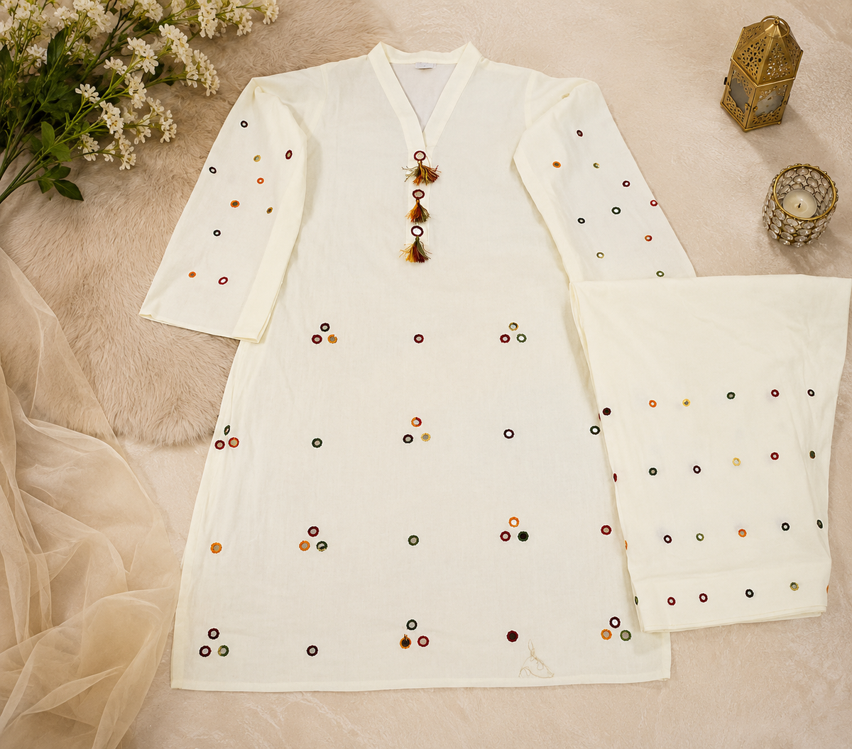 Off-White Handmade Mirror Work 3-Piece Lawn Suit.......ASB-OFW-MIR-016