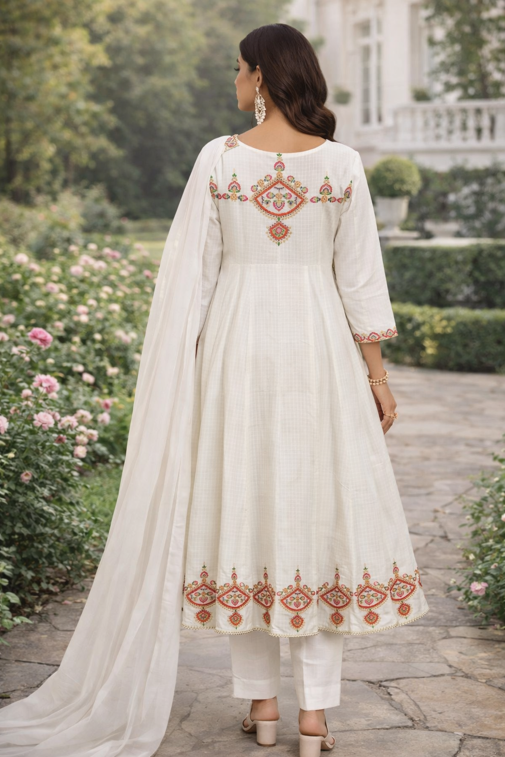 White Embroidered Maxi Style Stitched Cotton Suit.......ASB-WHT-MXI-005