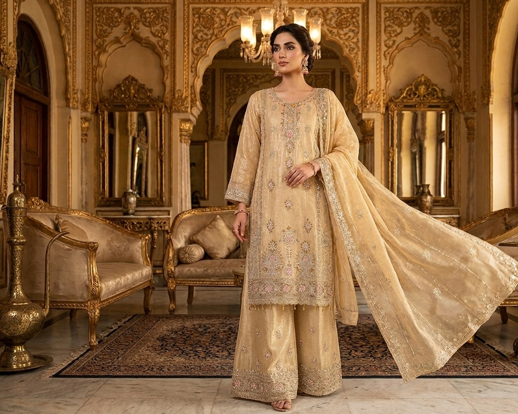 Golden Beige Embroidered Suit with Sequin Net Dupatta.........ASB-GLD-EMB-003