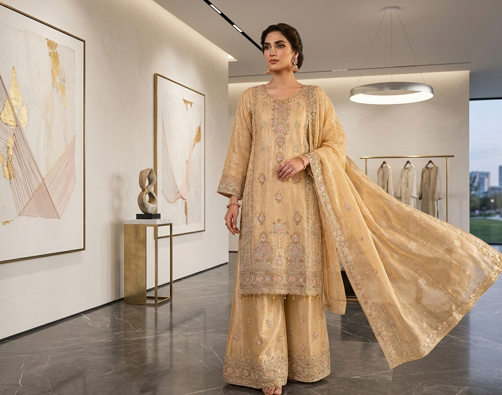 Golden Beige Embroidered Suit with Sequin Net Dupatta.........ASB-GLD-EMB-003