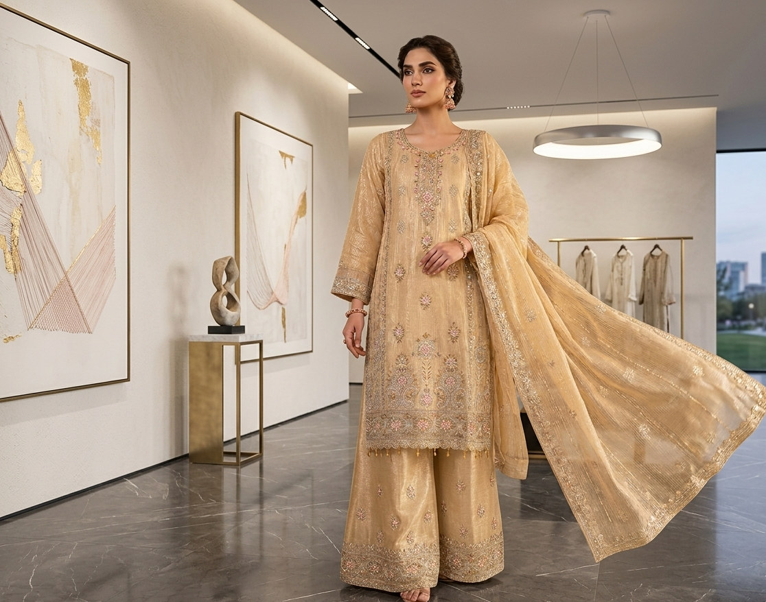 Golden Beige Embroidered Suit with Sequin Net Dupatta.........ASB-GLD-EMB-003