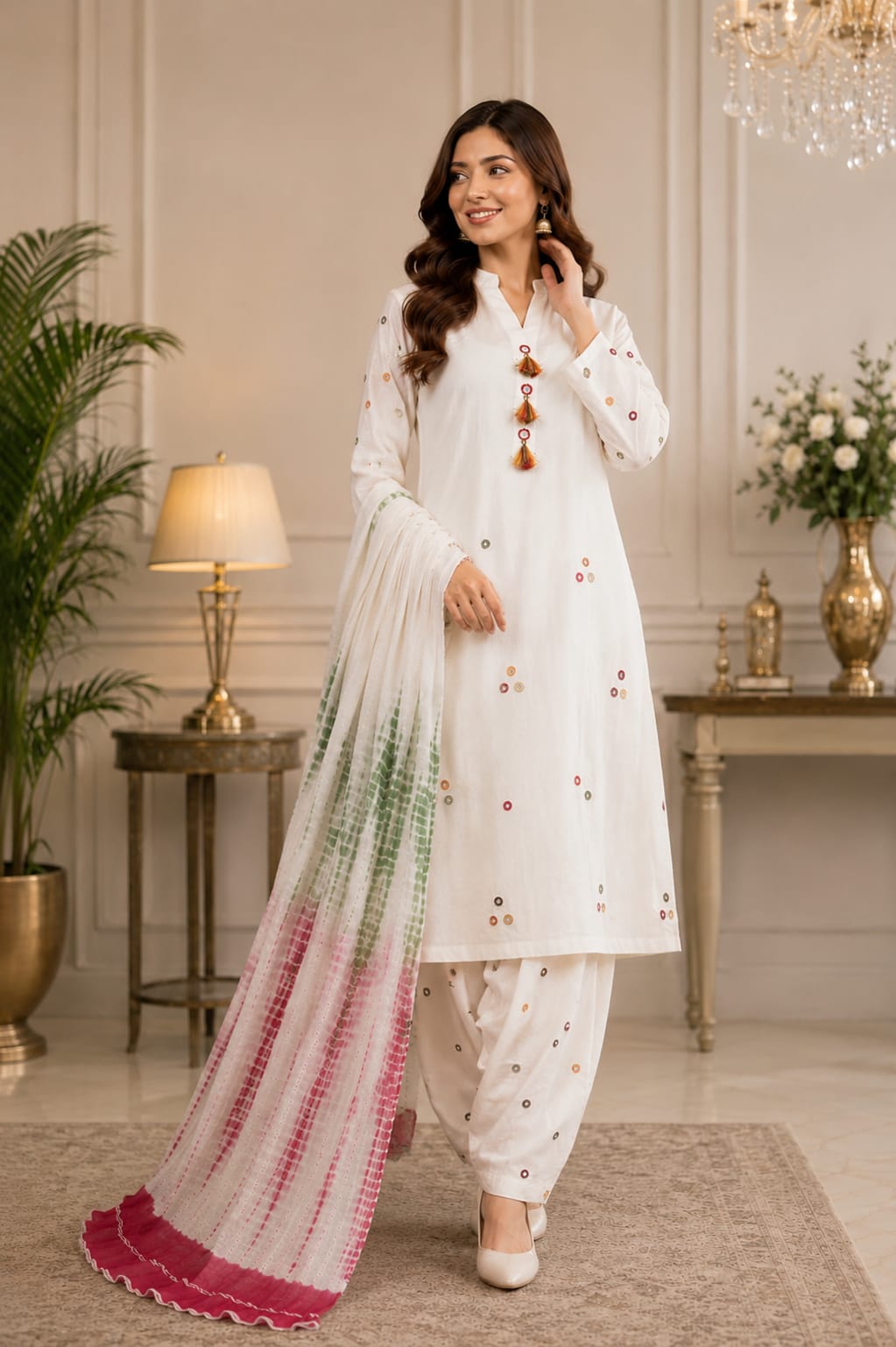 Off-White Handmade Mirror Work 3-Piece Lawn Suit.......ASB-OFW-MIR-016
