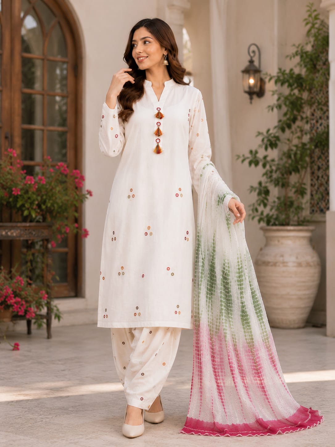 Off-White Handmade Mirror Work 3-Piece Lawn Suit.......ASB-OFW-MIR-016