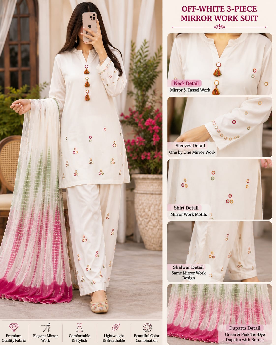 Off-White Handmade Mirror Work 3-Piece Lawn Suit.......ASB-OFW-MIR-016