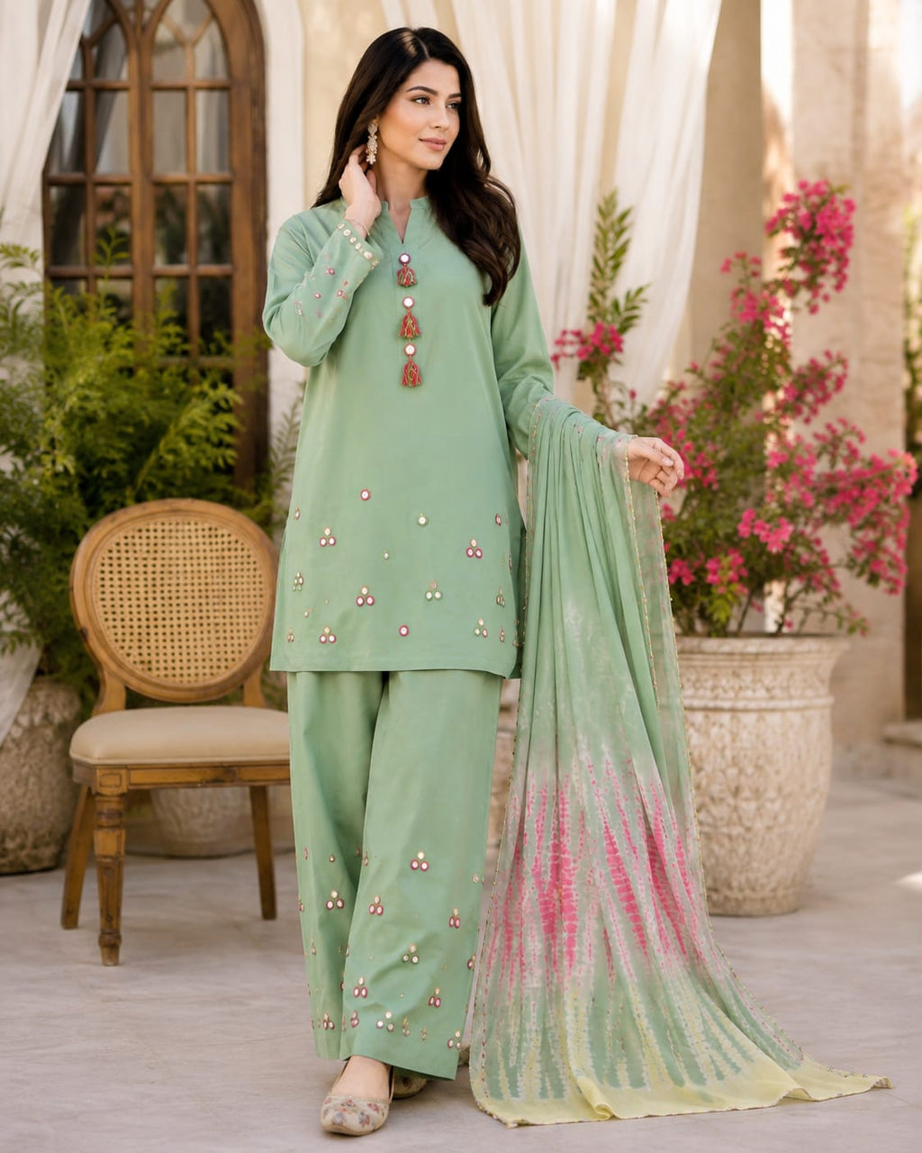 Mint Green Handmade Mirror Work Lawn Suit with Tie-Dye Dupatta.........ASB-MNT-MIR-017