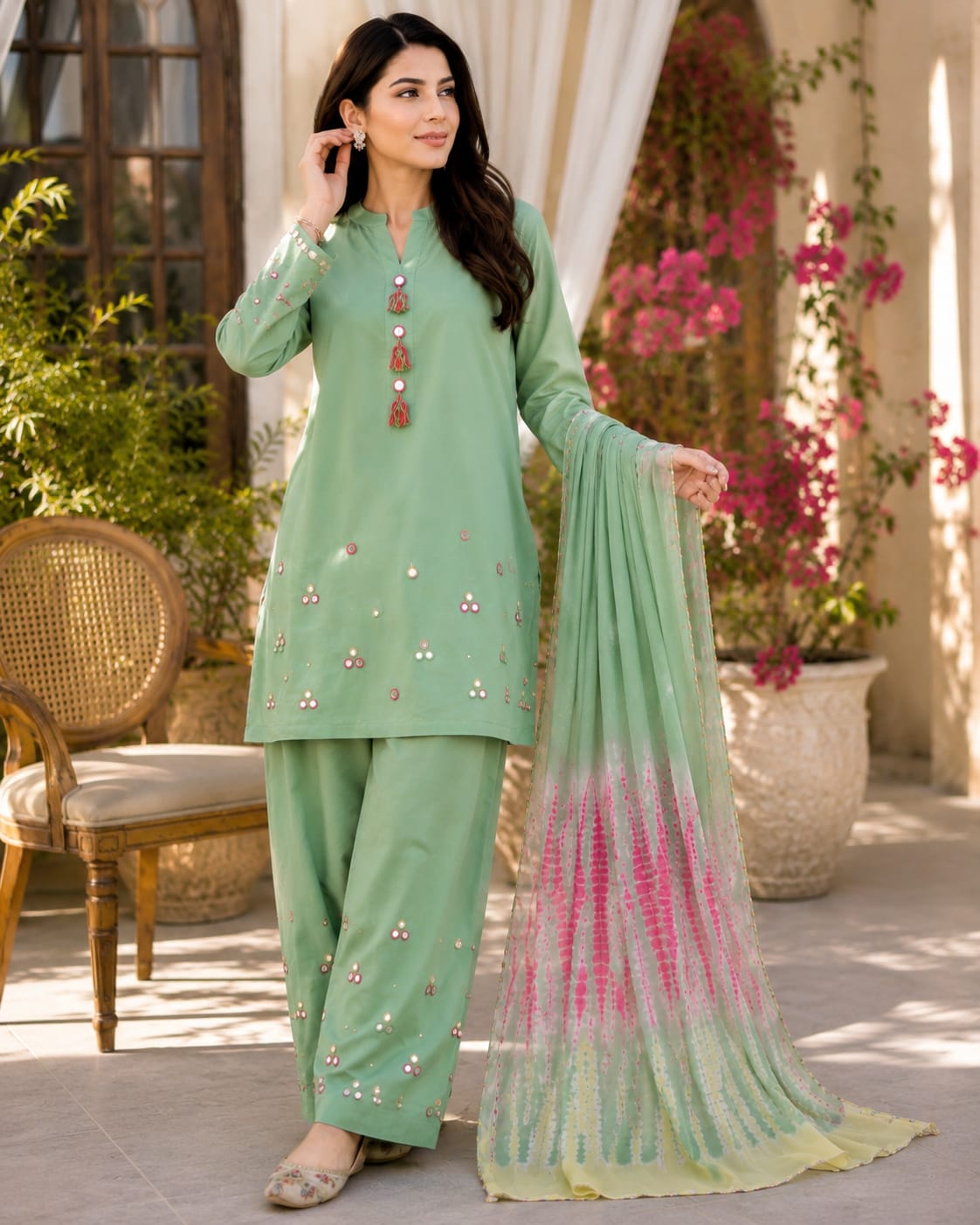 Mint Green Handmade Mirror Work Lawn Suit with Tie-Dye Dupatta.........ASB-MNT-MIR-017