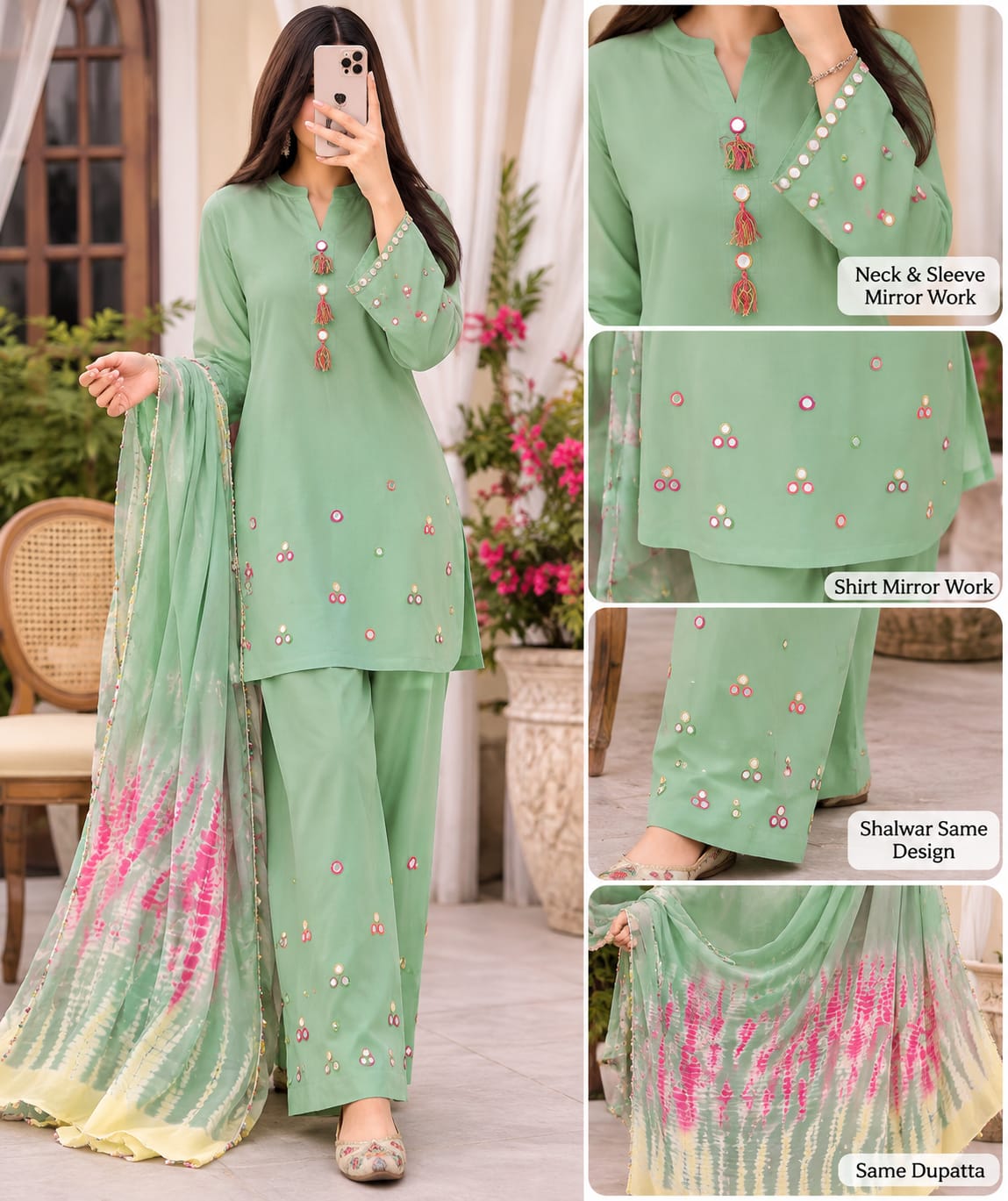 Mint Green Handmade Mirror Work Lawn Suit with Tie-Dye Dupatta.........ASB-MNT-MIR-017