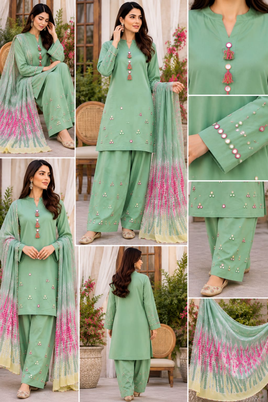 Mint Green Handmade Mirror Work Lawn Suit with Tie-Dye Dupatta.........ASB-MNT-MIR-017