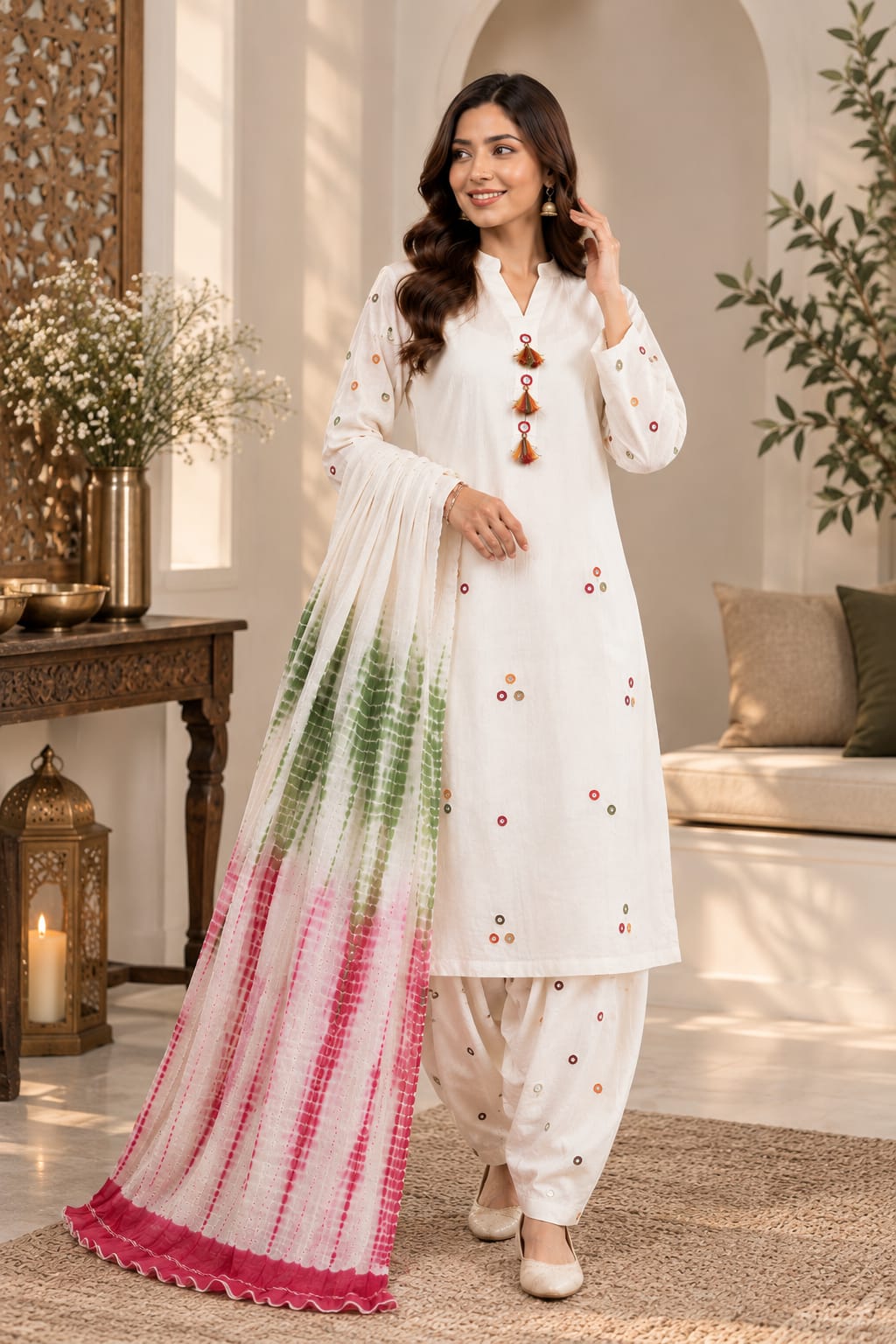 Off-White Handmade Mirror Work 3-Piece Lawn Suit.......ASB-OFW-MIR-016